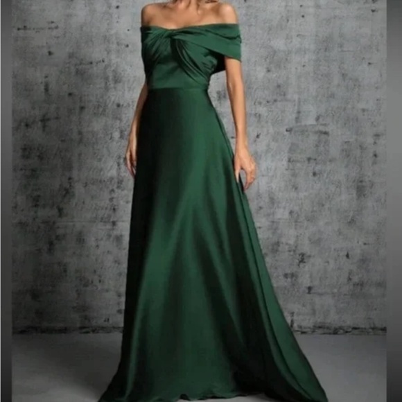 Luxe khaki off shoulder party formal evening satin gown dress - Picture 9 of 16